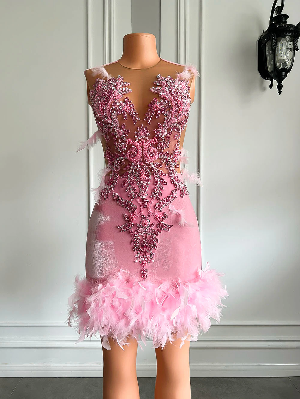 Women Cocktail Birthday Party Formal Gowns Sheer Mesh Beaded Embroidery Pink Velvet Black Girls Short Prom Dresses