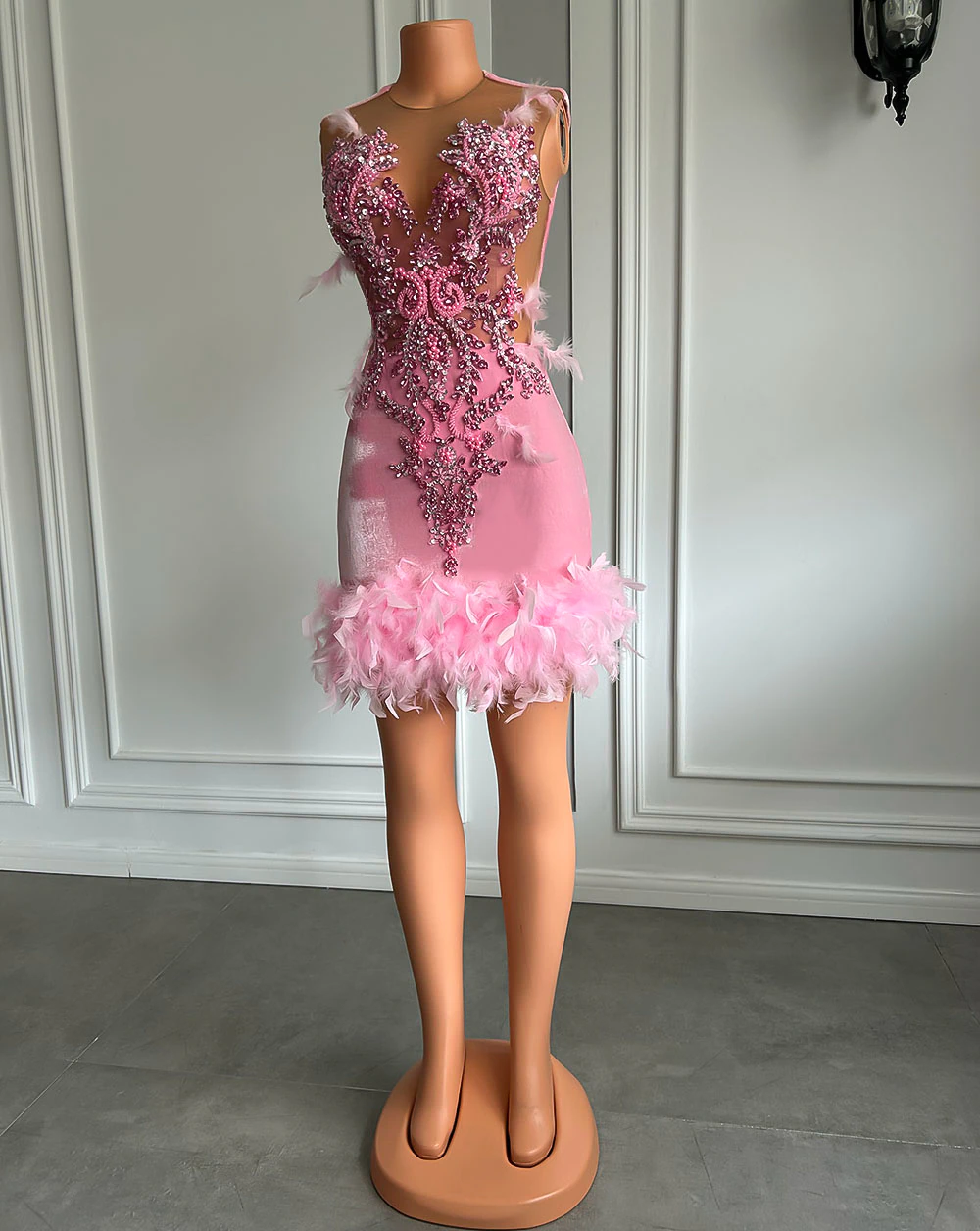 Women Cocktail Birthday Party Formal Gowns Sheer Mesh Beaded Embroidery Pink Velvet Black Girls Short Prom Dresses