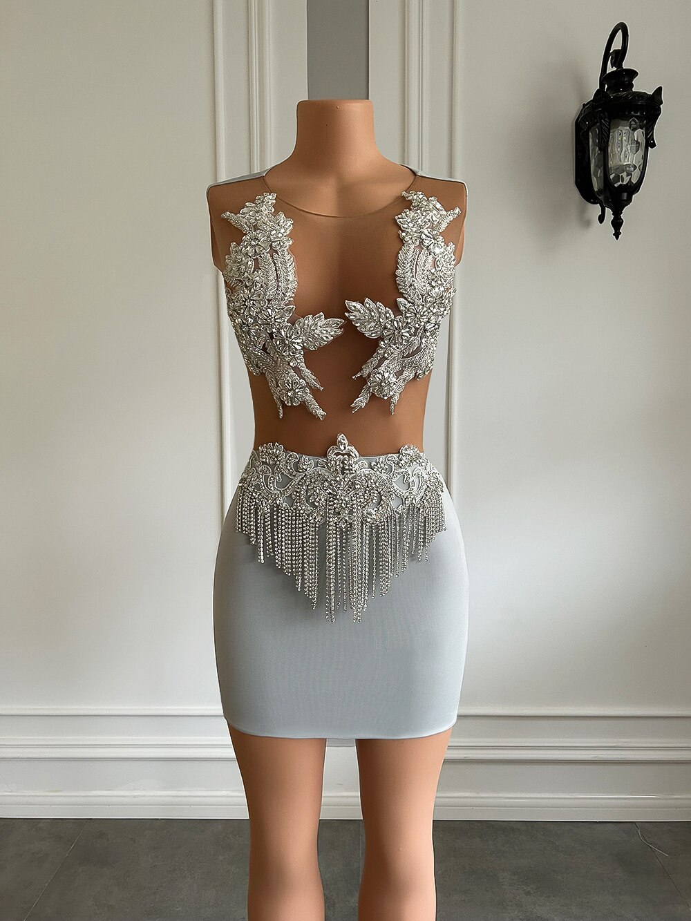 Sheer Mesh Birthday Party Formal Gowns Sparkly Silver Diamond Spandex Mini Black Girls Short Prom Dresses