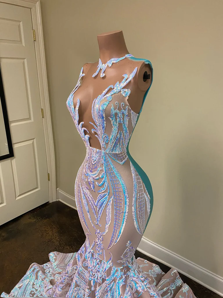 Long Sparkly Prom Dresses Sheer O-Neck Sleeveless Real Picture African Black Girls Mermaid Prom Gala Gowns