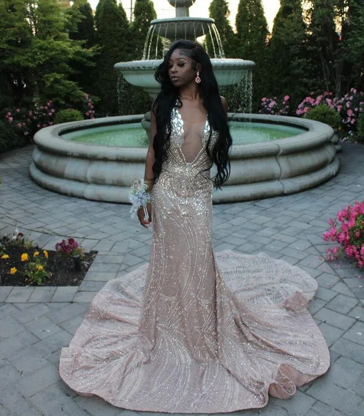 Silver Champagne Long Evening Party Dresses for Women Sparkly Diamond Crystal Black Girl Prom Birthday Formal Dress