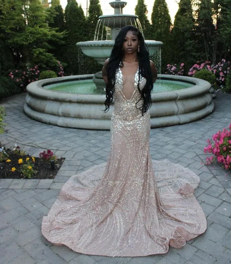 Silver Champagne Long Evening Party Dresses for Women Sparkly Diamond Crystal Black Girl Prom Birthday Formal Dress