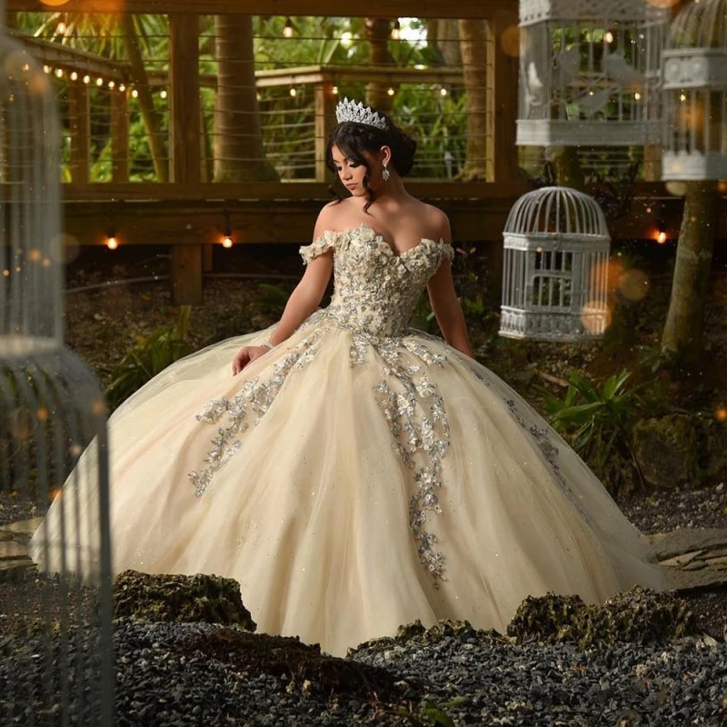Yellow Quinceanera Dresses Lace Applique Sweetheart Tulle Ball Gown Birthday Party Sweet 16