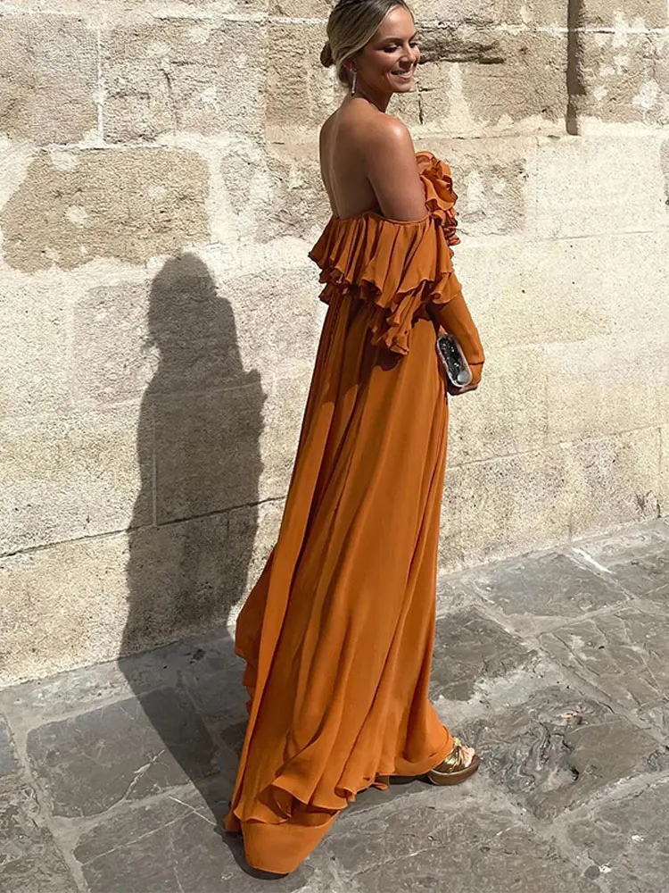 Summer Elegant Solid Ruffles Maxi Dress For Women Fashion Off Shoulder High Waist Female Evening Party