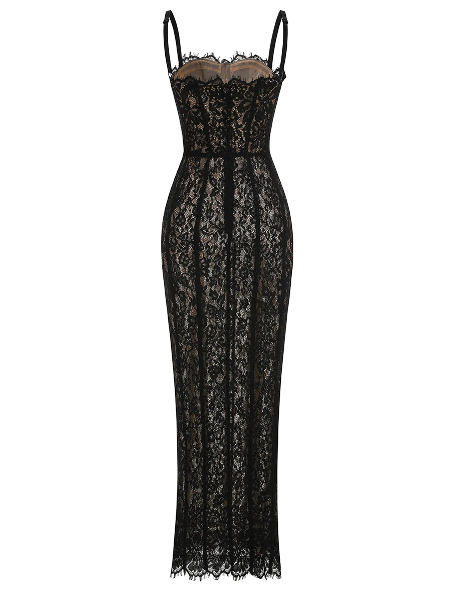Black Lace Patwork Sleeveless Maxi Dress for Women 2025 Summer Sexy Bodycon Party Dresses Fashion Summer Celebrity Club Wear