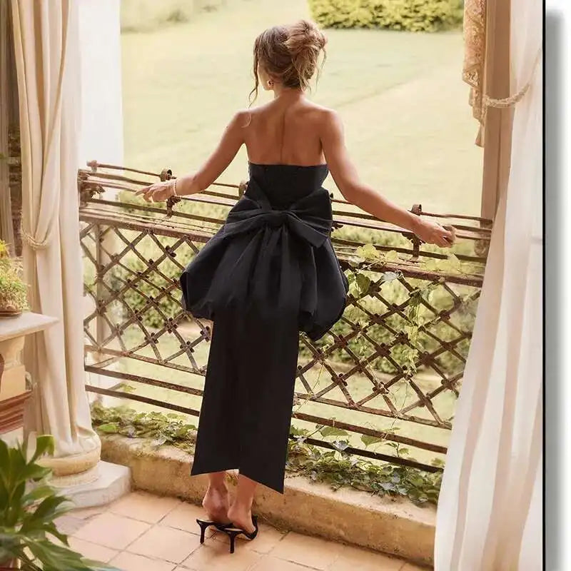 Bow Pearl Backless Sexy Puffy Mini Dress Women Summer Strapless Bodycon Short Dresses Vestidos Female Elegant Party Dress 2025
