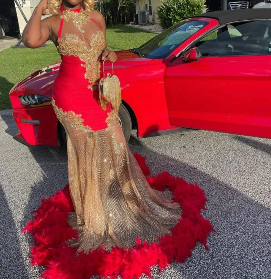 Sparkly Red Prom Dress Halter Beads Crystal Rhinestones Feathers Graduation Party Dress Birthday Wedding Reception Robe