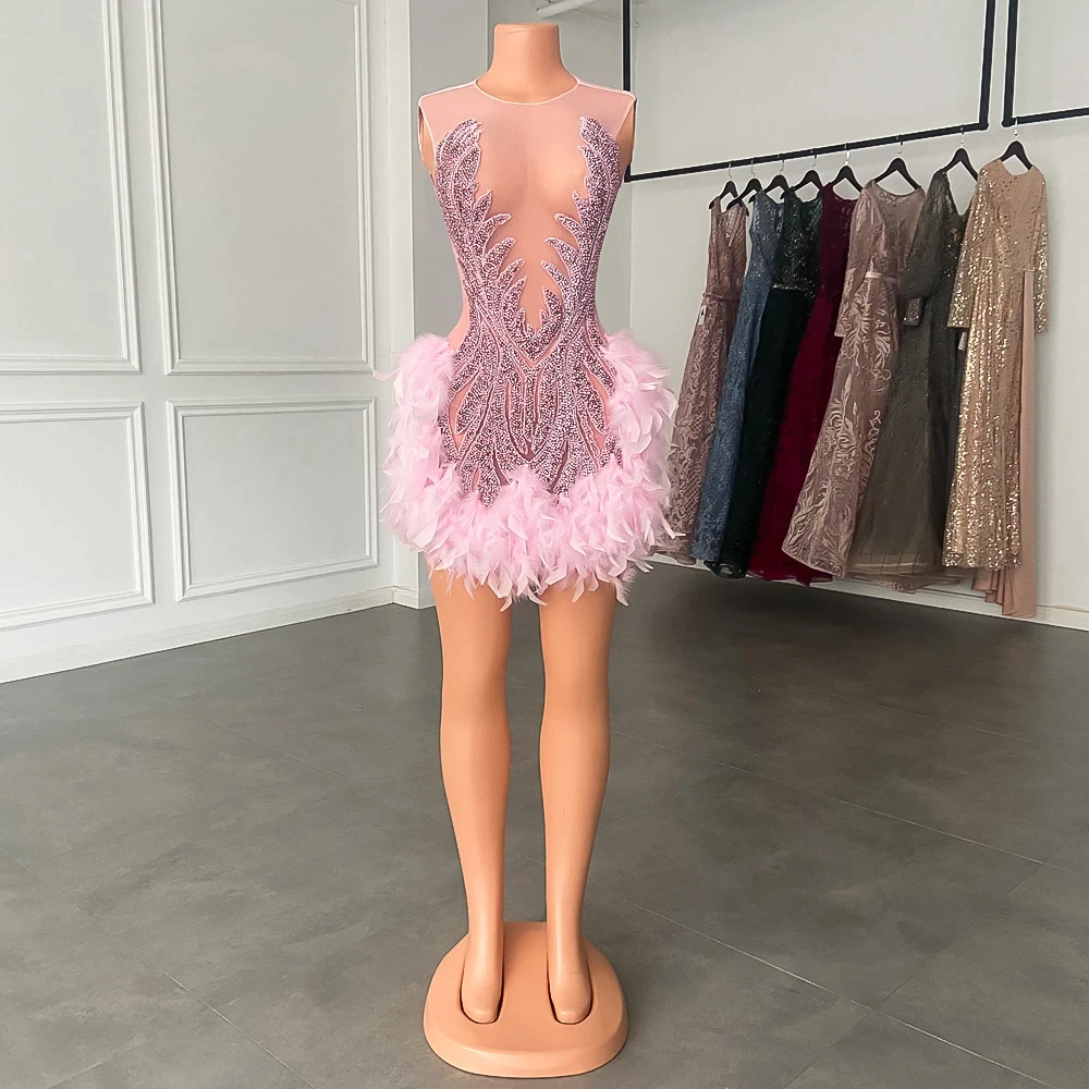 Sexy See Through Luxury Sparkly Pink Beaded Feather Black Girls Short Prom Dresses For Birthday Party