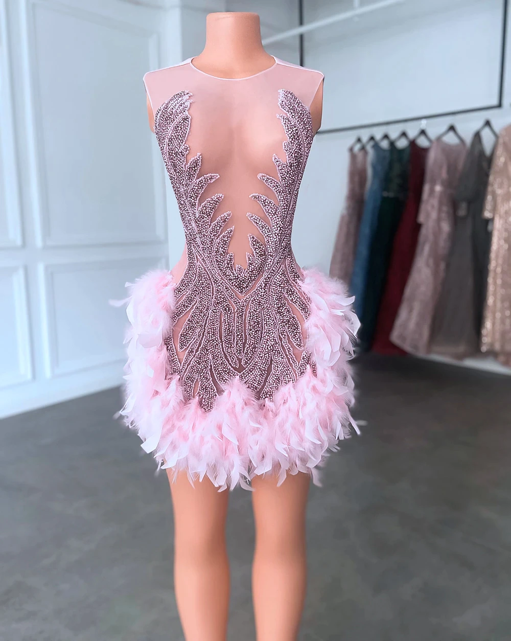 Sexy See Through Luxury Sparkly Pink Beaded Feather Black Girls Short Prom Dresses For Birthday Party