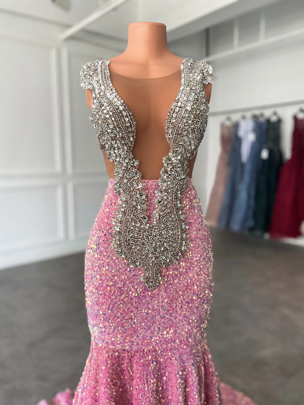 Long Sparkly Prom Dresses Mermaid Elegant Sheer Luxury Silver Handmade Beaded Pink Sequin Black Girls Prom Dresses