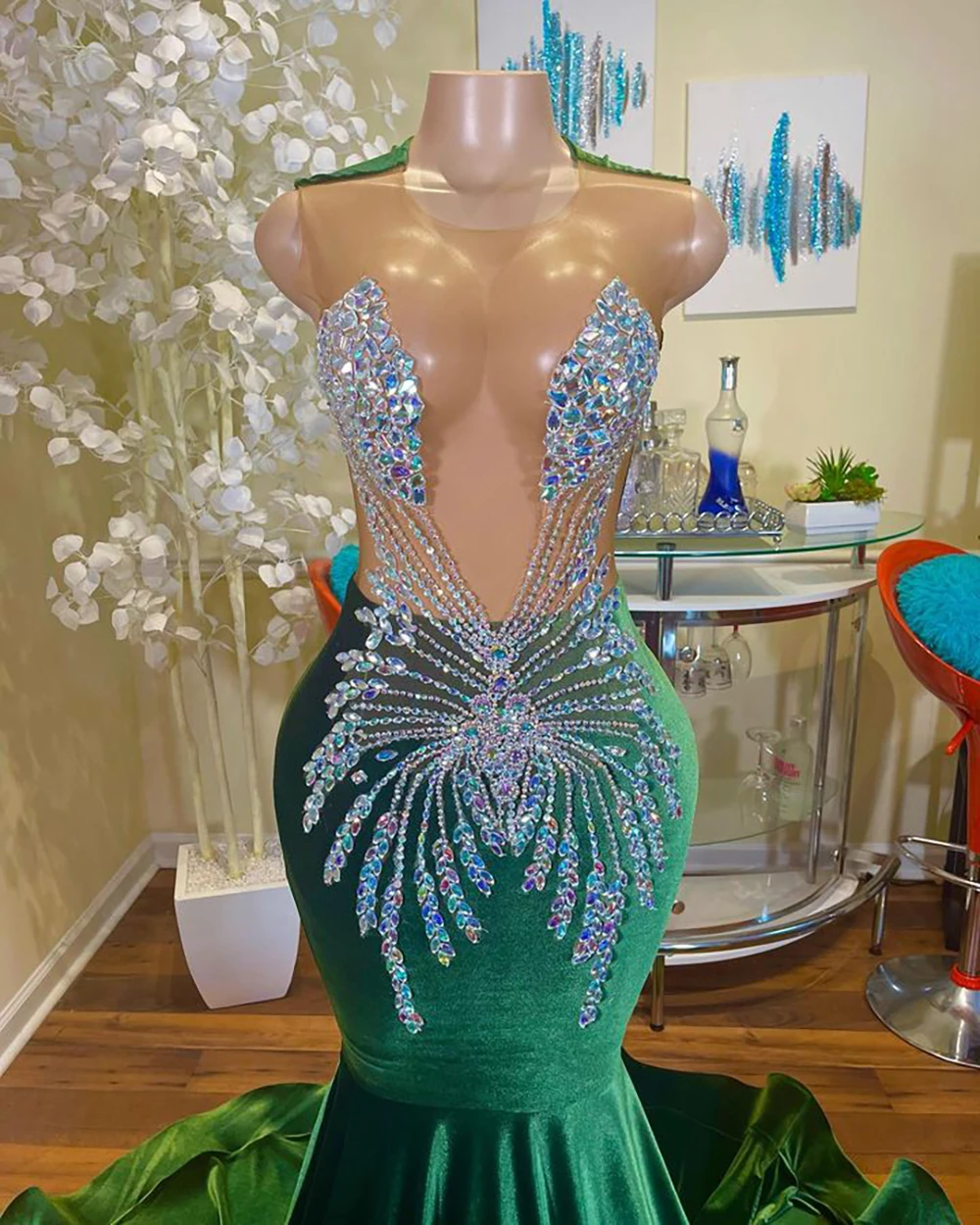 Long Elegant Prom Dresses Sexy Mermaid Style Sheer Mesh Luxury Handmade Beaded Dark Green Velvet Black Girl Prom Gala Gowns