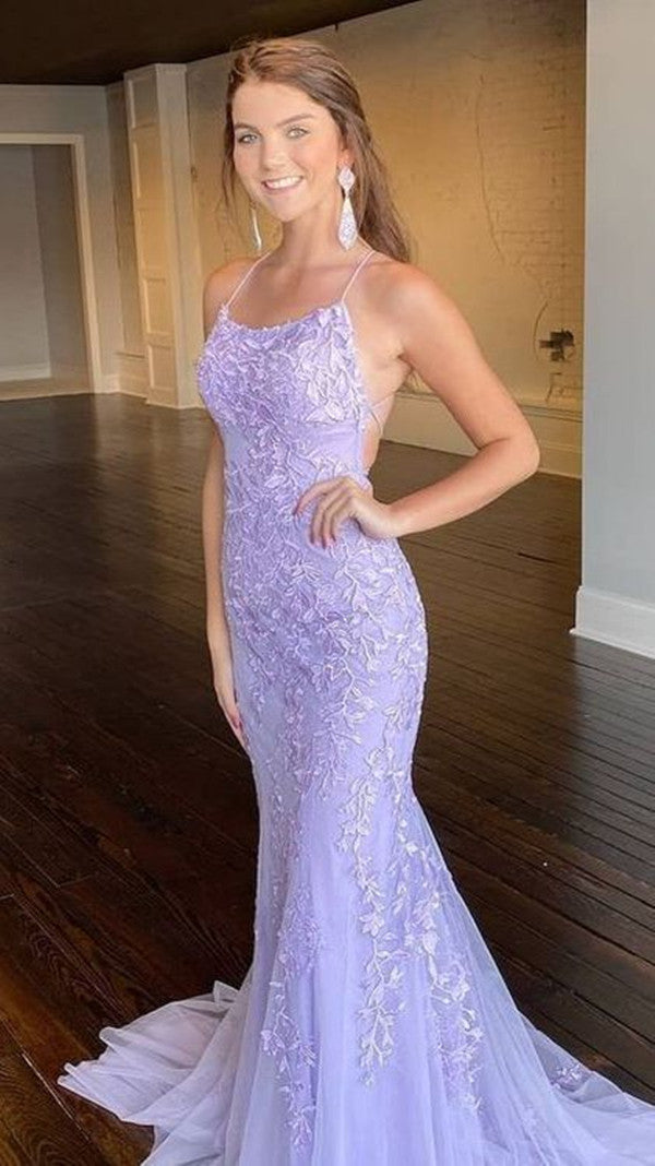 Lavender applique mermaid prom dress,halter spaghetti straps tulle long evening party gown