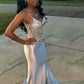 Satin Evening Dress, Silver Prom Dresses, V Neck Mermaid Spaghetti Straps Floor Length Dress