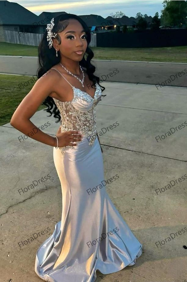 Satin Evening Dress, Silver Prom Dresses, V Neck Mermaid Spaghetti Straps Floor Length Dress