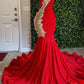 Red High Neck Sleeveless Mermaid Prom Dress With Beadings