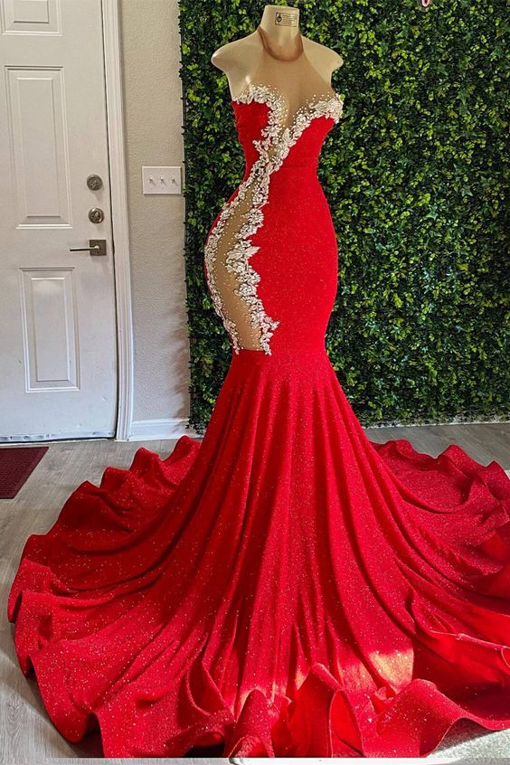 Red High Neck Sleeveless Mermaid Prom Dress With Beadings