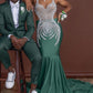 Dark Green Sleeveless Mermaid Prom Dress with Scoop Neck and Crystal Embellishments