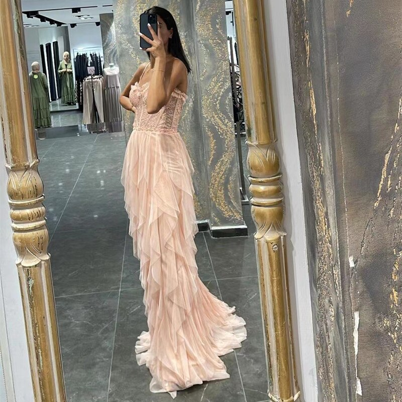 Ruffles Tulle Long Prom Dresses Spaghetti Sweetehart Lace Evening Party Gowns for Women Zipper Back Robe De Soiree