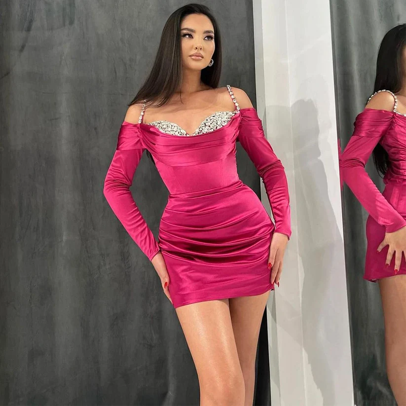 Rose Red Cocktail Dress for Women Crystal Spaghetti Straps Mini Cocktail Gown Off Shoulder Long Sleeves Bodycon Sexy Party Dress