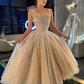 Elegant Champagne Sleeveless Scoop Beaded Sparkly Prom Formal Gown Tea-Length Sequined Ball Gown