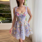 Adjustable Tie Bow strap Light Purple Mini Floral Dress 3D Embroidery Layered Evening Prom Dress Elegant Summer Flowers Dresses