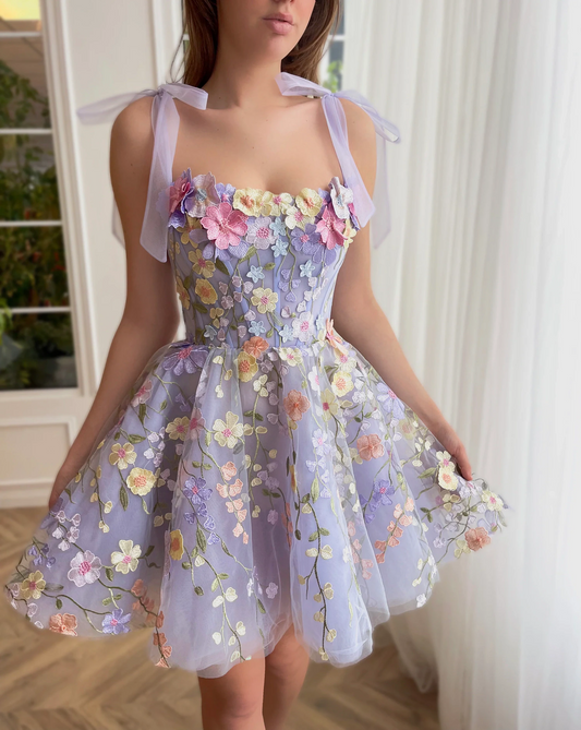 Adjustable Tie Bow strap Light Purple Mini Floral Dress 3D Embroidery Layered Evening Prom Dress Elegant Summer Flowers Dresses