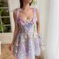 Adjustable Tie Bow strap Light Purple Mini Floral Dress 3D Embroidery Layered Evening Prom Dress Elegant Summer Flowers Dresses