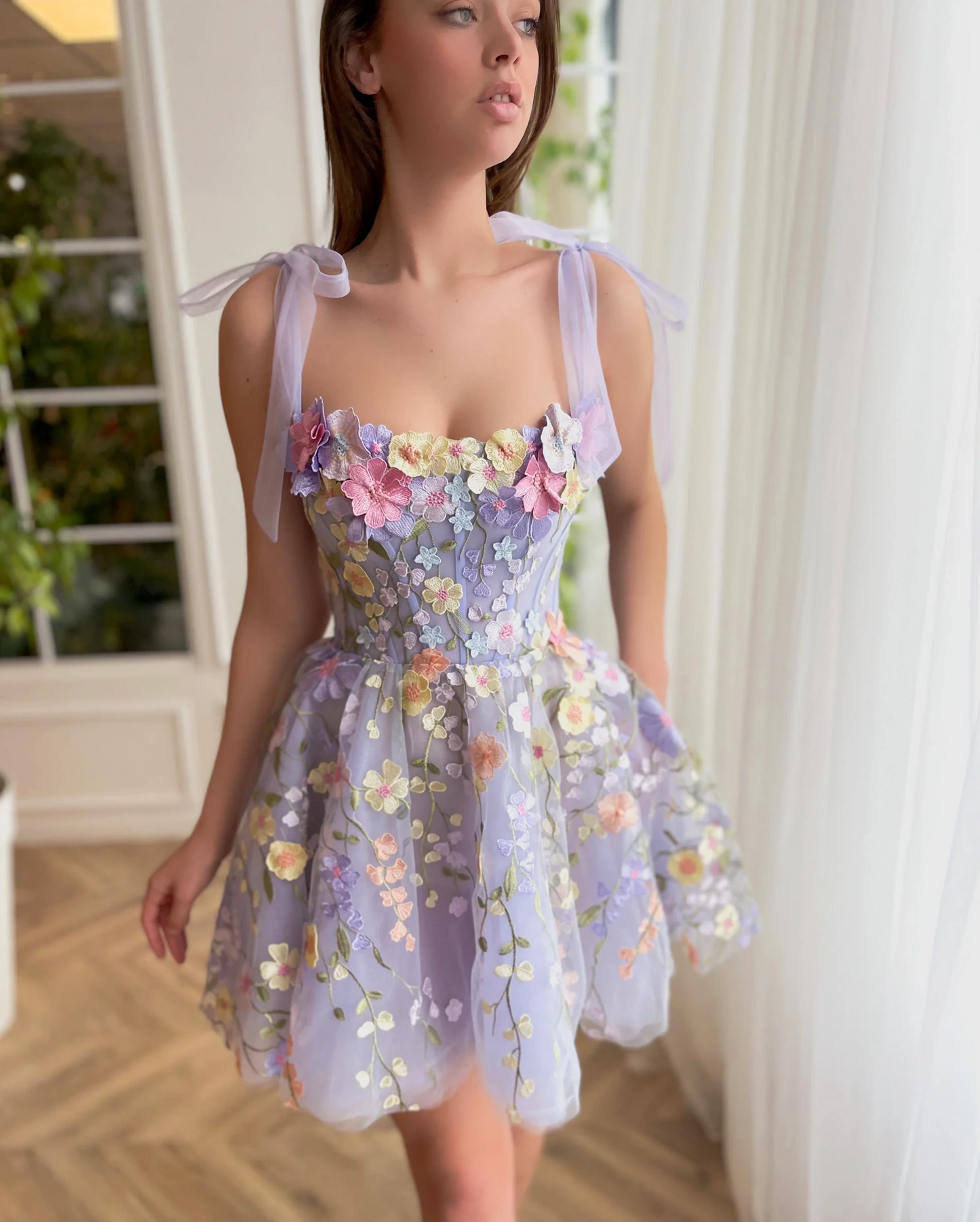 Adjustable Tie Bow strap Light Purple Mini Floral Dress 3D Embroidery Layered Evening Prom Dress Elegant Summer Flowers Dresses