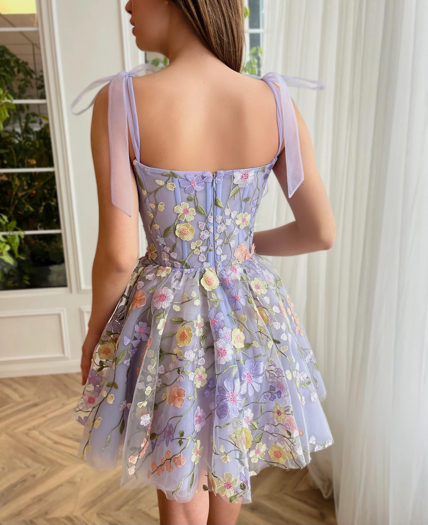 Adjustable Tie Bow strap Light Purple Mini Floral Dress 3D Embroidery Layered Evening Prom Dress Elegant Summer Flowers Dresses