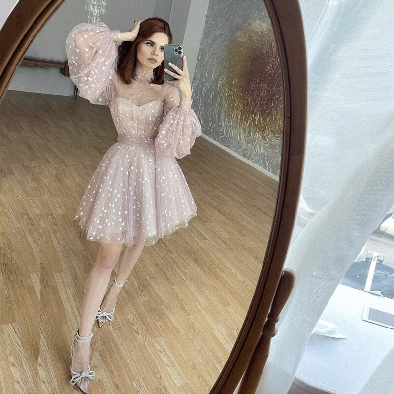 Soft Tulle Homecoming Dresses High Collar Sheer Long Sleeves Graduation Party Women Wear Cocktail Short Prom Gowns