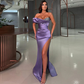 Elegant Purple Women's Mermaid Evening Dresses Satin Side High Split Sexy Sleeveless Off Shoulder Princess Prom Gowns Pleated De