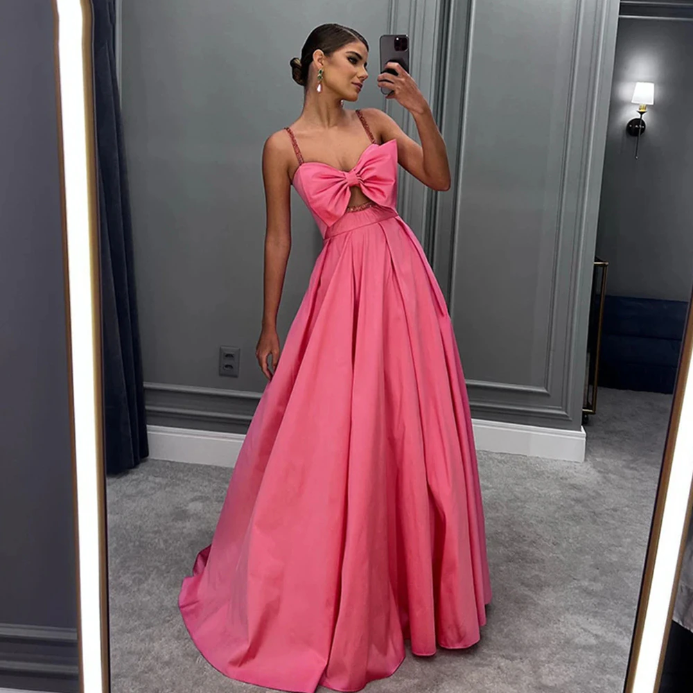 Simple Pink A-Line Evening Dresses With Satin Pleats And Spaghetti Shoulder Straps Sleeveless Princess Prom Gowns Fashion Celebr