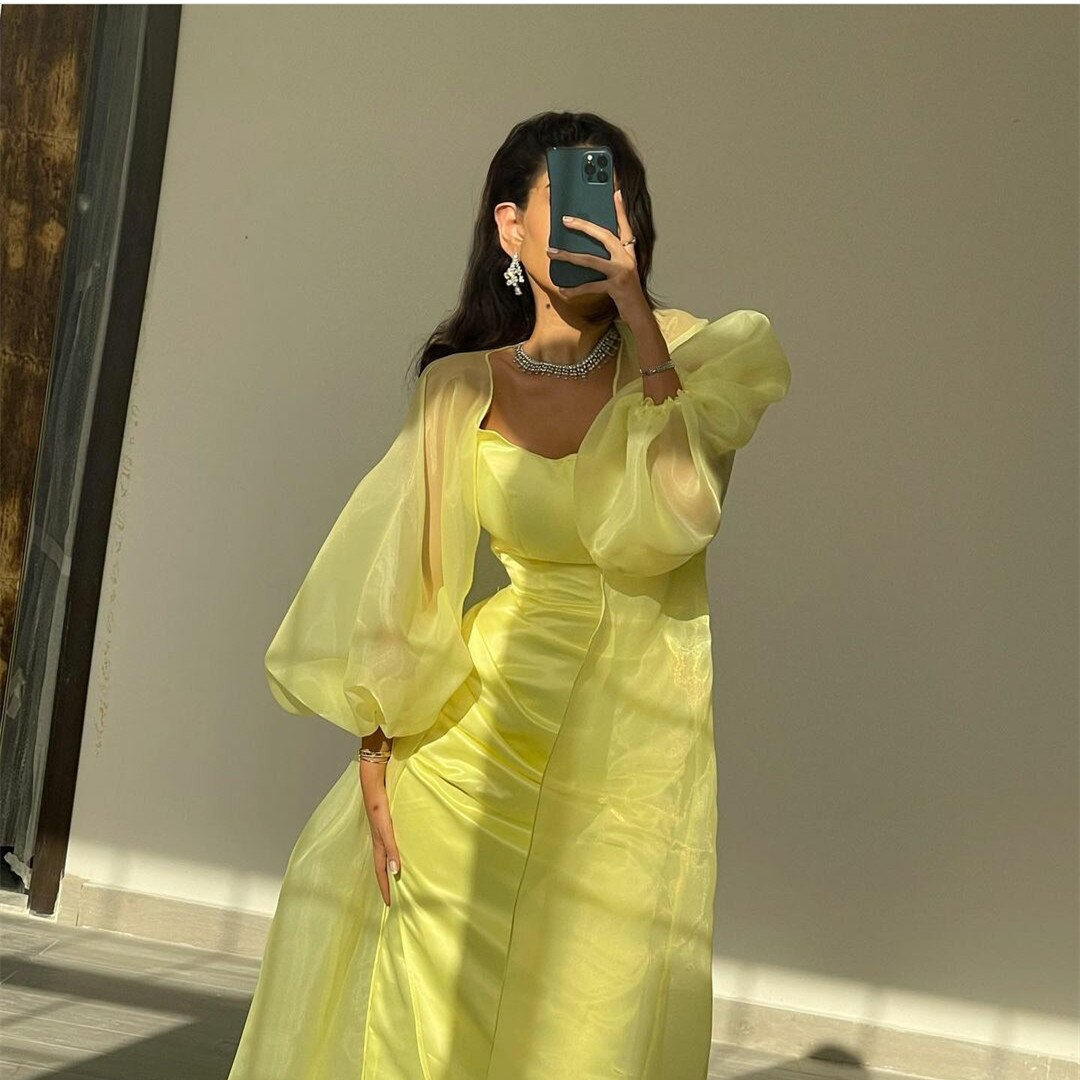 Women's Long Yellow Muslim Evening Dresses Sheath Tea Length Вечерние платья Pleated Robes de soirée Stretchy