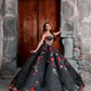 Vintage Black 3D Floral Charro Quinceanera Dresses For Garden Cap Sleeves Sweet 16 Ball Gown vestidos de 15 Mexican Girls XV