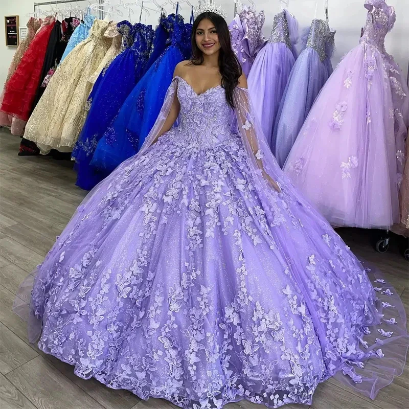 Luxury Glittering Lavender Quinceanera Dresses With Cloak Butterfly Lace Vestidos De 15 Anos Birthday Party Prom