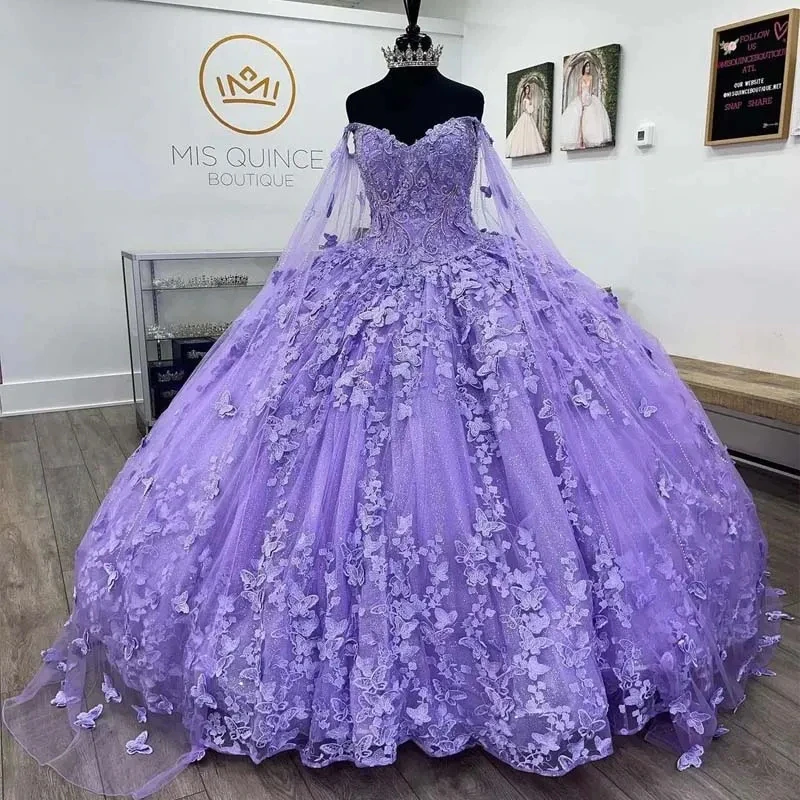 Luxury Glittering Lavender Quinceanera Dresses With Cloak Butterfly Lace Vestidos De 15 Anos Birthday Party Prom