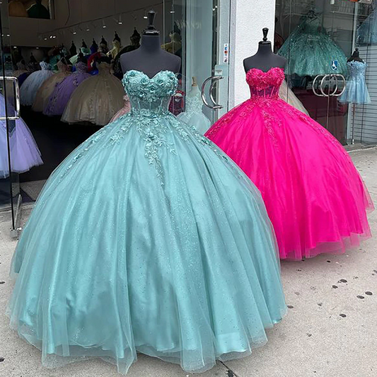 Hunter Green 3D Flowers Crystal Quinceanera Dresses Ball Gown Sweetheart Appliques Lace Sweet 15 Vestidos De XV Años