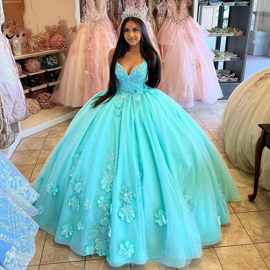 Strap Quinceanera Dresses Sexy V-Neck 3D Flower 15th Party Dress Beading Vestidos De Debutante Birthday Gowns