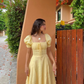 Light Yellow A-line Long Prom Dress with Puff Sleeves