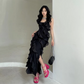 Womens Summer Black Spaghetti Strap Ruffle Prom Dress