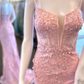 Pink Floral Lace Straps Mermaid Long Prom Dress