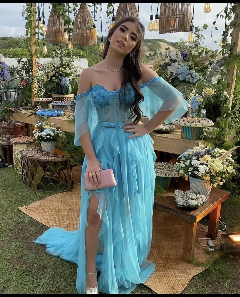 Off The Shoulder Blue Long Prom Dress,Charming Blue Evening Dress