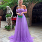 A Line Purple Off the Shoulder Formal Evening Gowns Tulle Long Prom Dresses