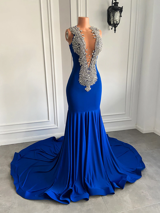 Long Elegant Prom Dresses 2023 Sexy Mermaid Style Luxury Sparkly Diamond Royal Blue Spandex Black Girl Prom Gala Gowns