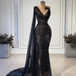 Black Luxury Evening Party Dresses Sheer-Neck Prom Gowns For Elegant Women Sweep Train Sequined Lace Appliques Vestidos De Gala