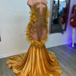 Sparkly Gold Velvet Mermaid Prom Dresses For Black Girls 2023 Sheer O-neck Luxury Beaded Feathers Birthday Party Gowns