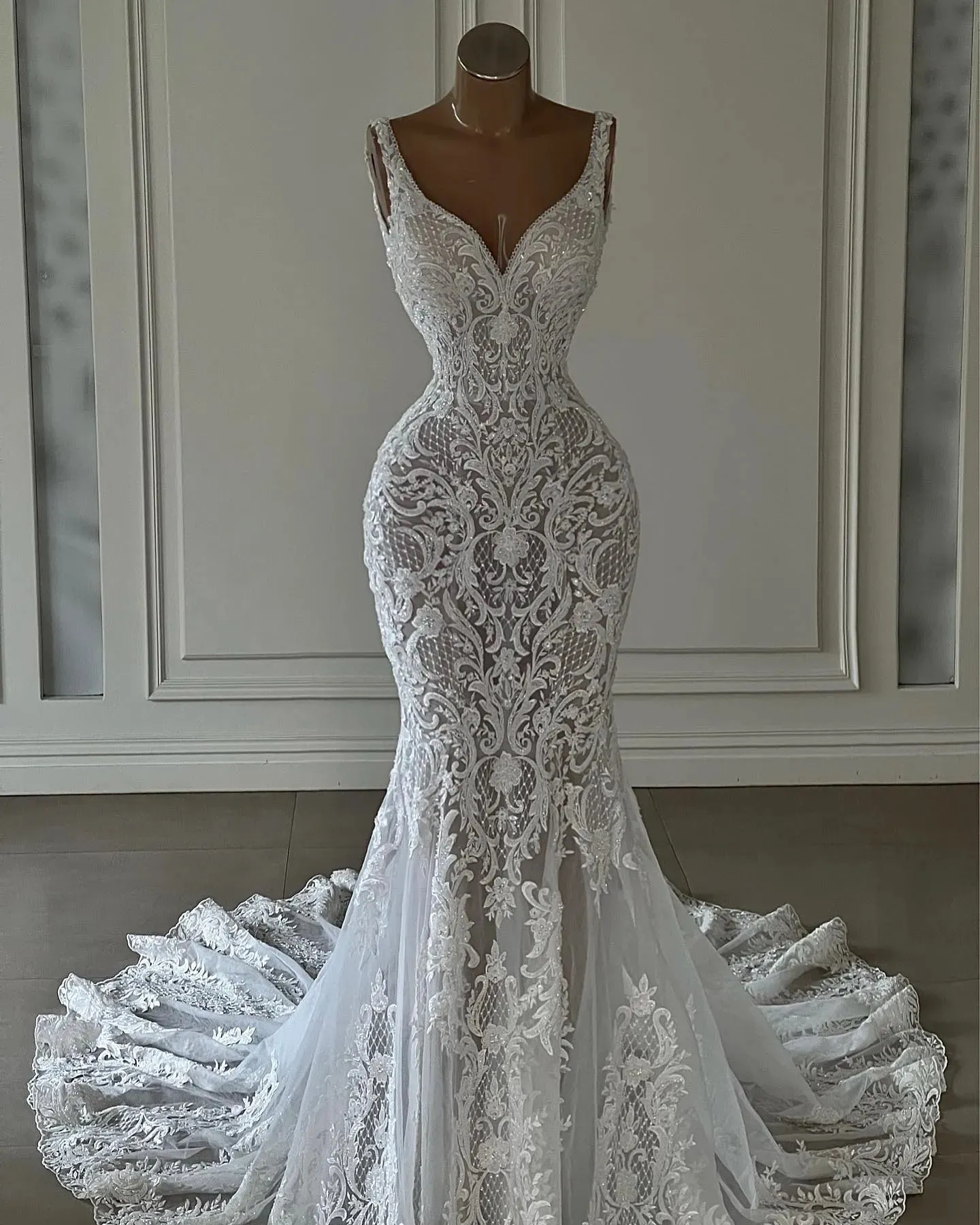 Elegant 2023 Full Lace Mermaid Wedding Dresses V Neck Lace Appliqued Boho Country Bridal Party Gowns Vestidos De Novia