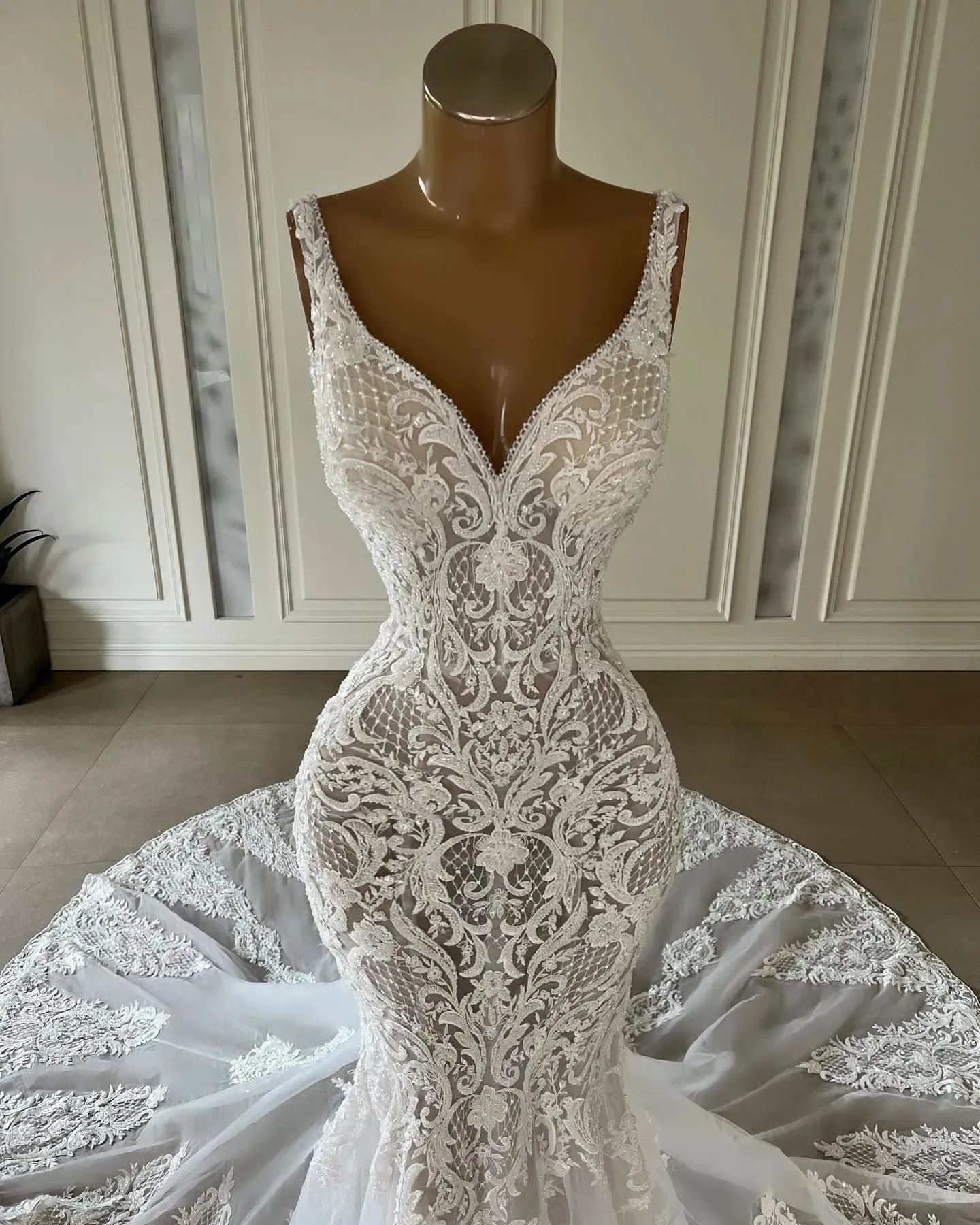 Elegant 2023 Full Lace Mermaid Wedding Dresses V Neck Lace Appliqued Boho Country Bridal Party Gowns Vestidos De Novia