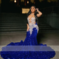 Royal Blue Sequins Mermaid Prom Dresses With Sheer Neck Plus Size Formal Evening Occasion Gowns Cheap