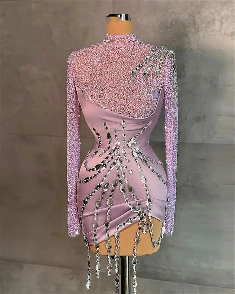 Pink High Neck Short Prom Dress For Black Girls Beaded Crystal Birthday Party Dresses Full Sleeve Formal Gown Mermaid Robe De Ba